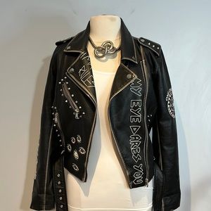 Pull&Bear Black Studded & Graphic Leather Biker Jacket